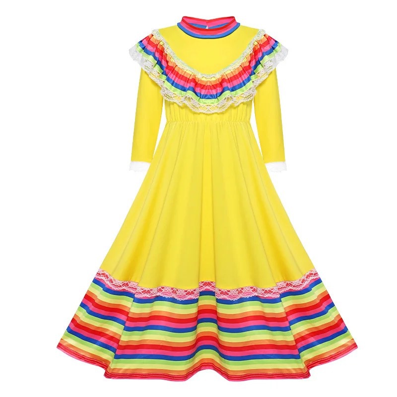 Mexican Girls Traditiona Princess Dress Cinco De Mayo Fiesta Carnival Costume